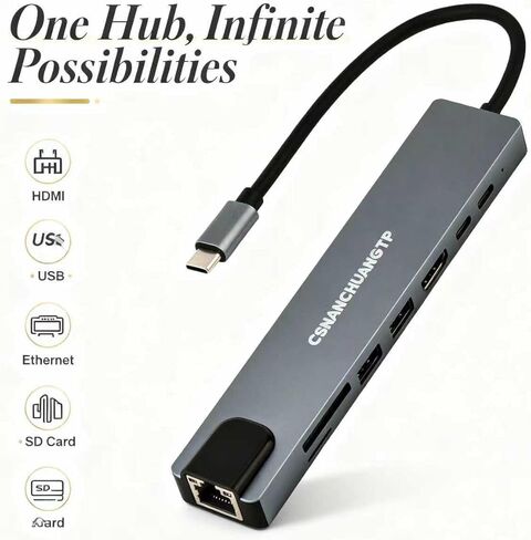 قاعدة توصيل 8 في 1 مع 4K HDMI، 100M BPS RJ45 Ethernet، قارئ بطاقة SD/TF، ​​USB 3.0/2.0، PD 100W، محول USB C Hub Ethernet HDMI لأجهزة MacBook، Huawei، Chromebook، Samsung، HP، Dell والمزيد in Saudi Arabia