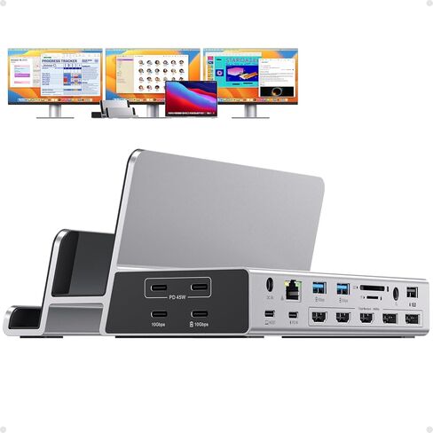 محطة إرساء ثلاثية الشاشة 19 في 1 لأجهزة الكمبيوتر المحمول، 3 شاشات عرض 4K مزدوجة الحامل MacBook Pro/Air مع 3 HDMI، 2 DP، 45W PD، 5 USB لأجهزة MacBook M1/M2/M3/M4/M5/Windows (يتطلب برنامج تشغيل) in Kuwait