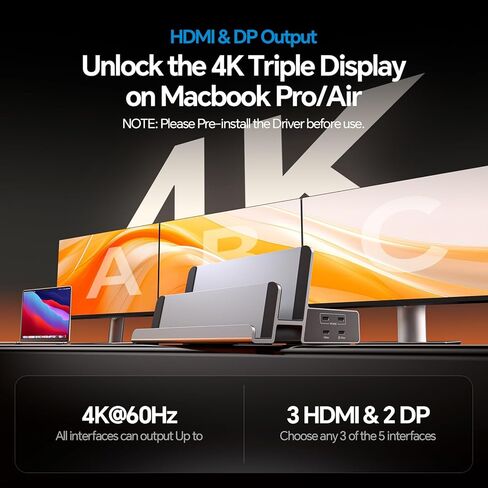 محطة إرساء ثلاثية الشاشة 19 في 1 لأجهزة الكمبيوتر المحمول، 3 شاشات عرض 4K مزدوجة الحامل MacBook Pro/Air مع 3 HDMI، 2 DP، 45W PD، 5 USB لأجهزة MacBook M1/M2/M3/M4/M5/Windows (يتطلب برنامج تشغيل) in Kuwait