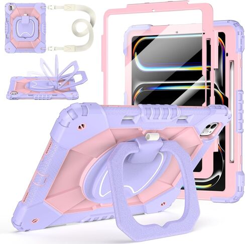 Case for iPad Pro 13 Inch M5 2025/ M4 2024, Ubearkk for iPad Pro 13 Inch case with Screen Protector, 360 Degree Rotating Stand Shoulder Strap Pencil Holder, Shockproof, Purple Pink in Kuwait