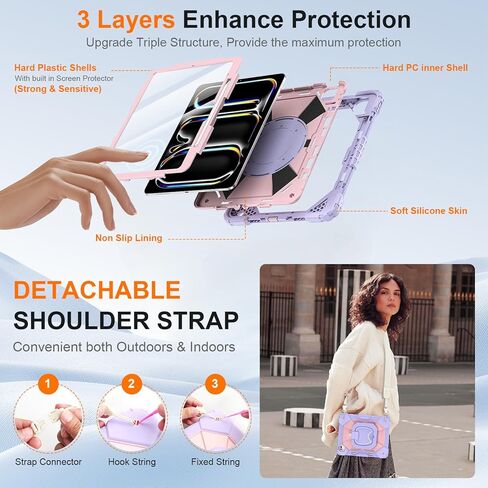 Case for iPad Pro 13 Inch M5 2025/ M4 2024, Ubearkk for iPad Pro 13 Inch case with Screen Protector, 360 Degree Rotating Stand Shoulder Strap Pencil Holder, Shockproof, Purple Pink in Kuwait