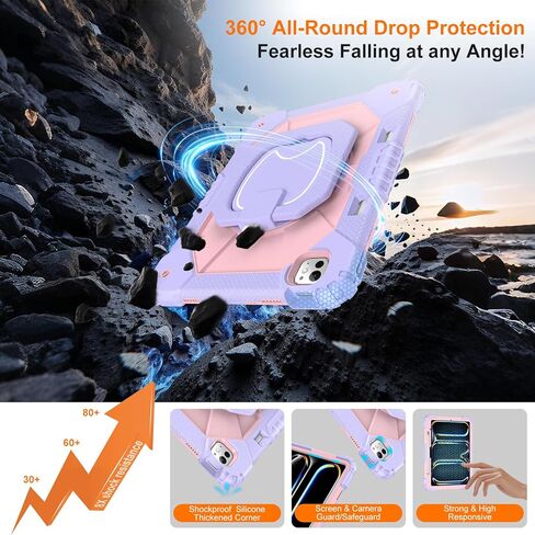 Case for iPad Pro 13 Inch M5 2025/ M4 2024, Ubearkk for iPad Pro 13 Inch case with Screen Protector, 360 Degree Rotating Stand Shoulder Strap Pencil Holder, Shockproof, Purple Pink in Kuwait