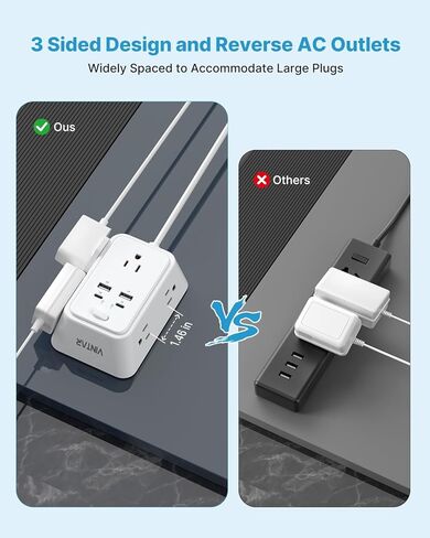 سلك تمديد مسطح بطول 6 أقدام، موسع VINTAR متعدد المنافذ مع 5 منافذ و4 منافذ USB (2 USB-C)، شاحن تثبيت على الحائط ثلاثي الجوانب، شريط طاقة حامي من زيادة التيار 1800J للمنزل والمكتب والسكن الجامعي in Kuwait