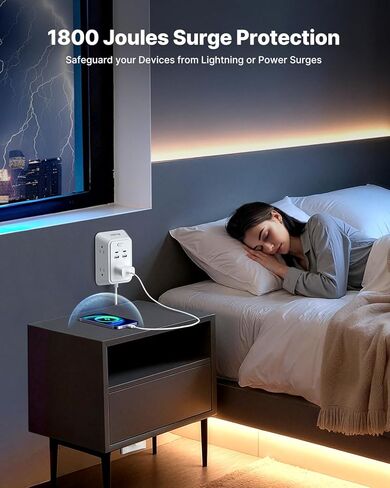 سلك تمديد مسطح بطول 6 أقدام، موسع VINTAR متعدد المنافذ مع 5 منافذ و4 منافذ USB (2 USB-C)، شاحن تثبيت على الحائط ثلاثي الجوانب، شريط طاقة حامي من زيادة التيار 1800J للمنزل والمكتب والسكن الجامعي in Kuwait
