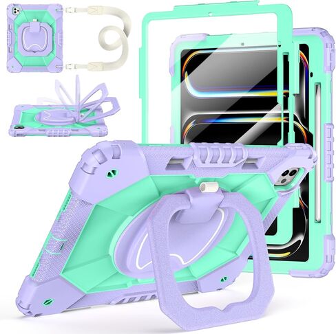 Case for iPad Pro 13 Inch M5 2025/ M4 2024, Ubearkk for iPad Pro 13 Inch case with Screen Protector, 360 Degree Rotating Stand Shoulder Strap Pencil Holder, Shockproof, Purple Pink in Kuwait
