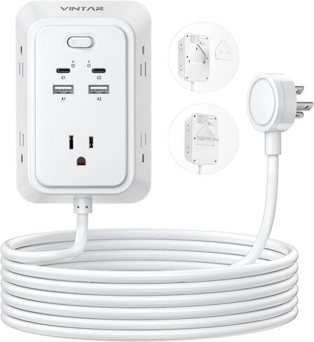 سلك تمديد مسطح بطول 6 أقدام، موسع VINTAR متعدد المنافذ مع 5 منافذ و4 منافذ USB (2 USB-C)، شاحن تثبيت على الحائط ثلاثي الجوانب، شريط طاقة حامي من زيادة التيار 1800J للمنزل والمكتب والسكن الجامعي in Kuwait