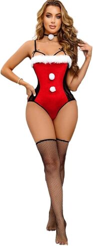 FHSEER-Santa Lingerie for Women Set Babydoll 2 Pcs Sexy Christmas Outfits Red Chemise Teddy Bodysuit Mrs Claus Costume in Kuwait