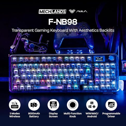 MechLands Aula F-NB98 Transparent Keyboard with RGB Backlits, 3 Modes Wireless Mechanical Keyboard with Display Screen, 8000mAh Battery, Shine Through Keycaps, Creamy Gasket, 1800 Layout (Black) in Saudi Arabia