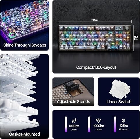 MechLands Aula F-NB98 Transparent Keyboard with RGB Backlits, 3 Modes Wireless Mechanical Keyboard with Display Screen, 8000mAh Battery, Shine Through Keycaps, Creamy Gasket, 1800 Layout (Black) in Saudi Arabia