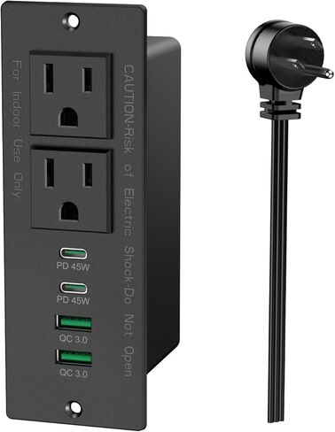 شريط طاقة مجوف USB C بقدرة 45 وات، منفذ مجوف مع 2AC و2 PD USB C + 2 منافذ USB-A QC، محطة شحن سريعة للأثاث المخفي بدرج مخفي للمكتب المنزلي - 6 أقدام in Kuwait