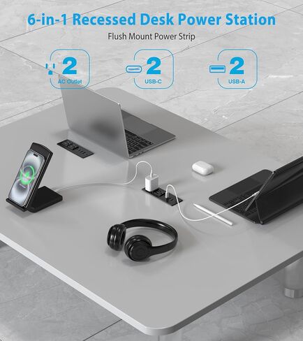 شريط طاقة مجوف USB C بقدرة 45 وات، منفذ مجوف مع 2AC و2 PD USB C + 2 منافذ USB-A QC، محطة شحن سريعة للأثاث المخفي بدرج مخفي للمكتب المنزلي - 6 أقدام in Kuwait