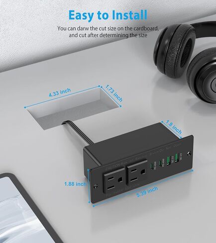 شريط طاقة مجوف USB C بقدرة 45 وات، منفذ مجوف مع 2AC و2 PD USB C + 2 منافذ USB-A QC، محطة شحن سريعة للأثاث المخفي بدرج مخفي للمكتب المنزلي - 6 أقدام in Kuwait
