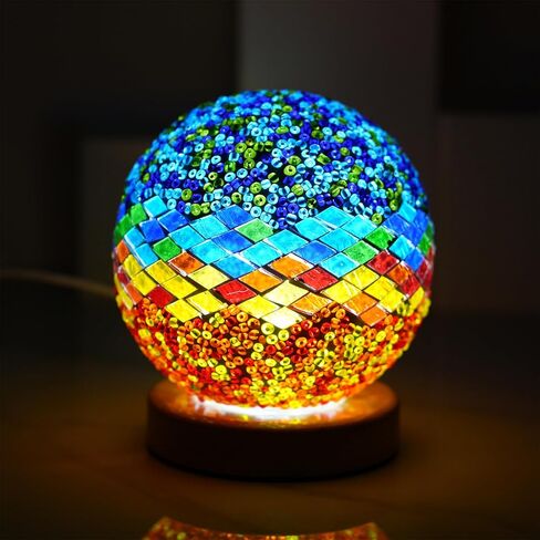 Turkish Table lamp (D:4.7" x H:5.2"),Mosaic Glass Lamps with Wooden Base, Bohemian Tiffany Bedside Lamps, USB Power Moroccan Lantern for Living Room Halloween Decorations (Baroque - Blue, Baroque) in Saudi Arabia