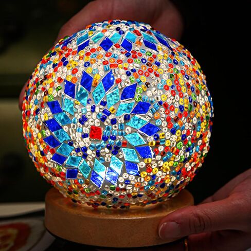 Turkish Table lamp (D:4.7" x H:5.2"),Mosaic Glass Lamps with Wooden Base, Bohemian Tiffany Bedside Lamps, USB Power Moroccan Lantern for Living Room Halloween Decorations (Baroque - Blue, Baroque) in Saudi Arabia