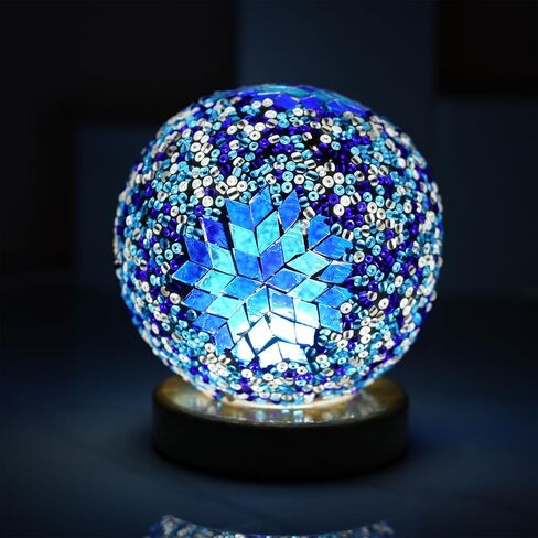 Turkish Table lamp (D:4.7" x H:5.2"),Mosaic Glass Lamps with Wooden Base, Bohemian Tiffany Bedside Lamps, USB Power Moroccan Lantern for Living Room Halloween Decorations (Baroque - Blue, Baroque) in Saudi Arabia