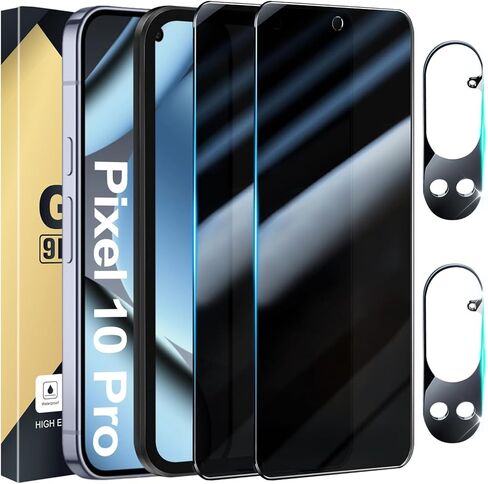 [2+2 Pack] Privacy Screen Protector for Pixel 10 Pro XL Tempered Glass with Camera Lens Protectors - 9H Hardness, Anti Spy, Support Fingerprint Unlock, Black in Saudi Arabia
