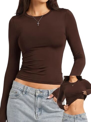 Danysu Double Lined High Round Neck Long Sleeve Tops for Women with Built in Bra Nylon Basic Crop Fall Tee Shirts in Saudi Arabia