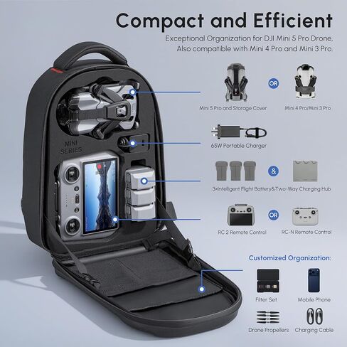 حقيبة STARTRC Mini 5 Pro، حقيبة ظهر صلبة مقاومة للماء، حقيبة كبيرة بدون طيار تناسب كمبيوتر محمول مقاس 11 بوصة، حقيبة ظهر للسفر متوافقة مع DJI Mini 5 Pro، وحدة تحكم RC 2/ RC-N، Fly More Combo والملحقات in Saudi Arabia