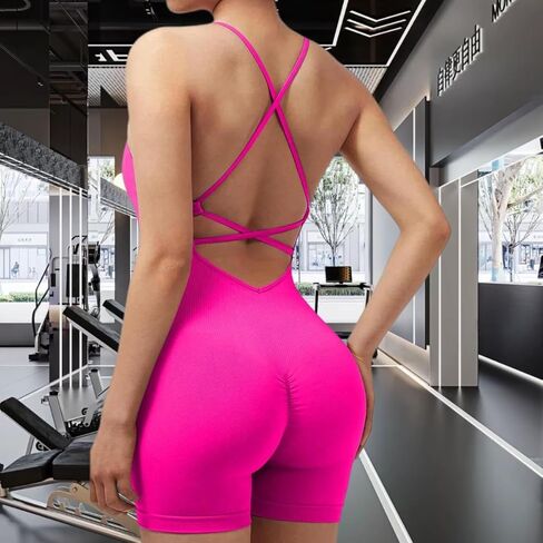 Women's Yoga Jumpsuits, Workout V Back Rompers for Women Seamless One Piece Tummy Control Jumpsuit Scrunch Yoga Short in Saudi Arabia