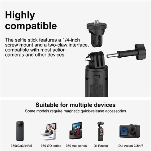Portable Mini Selfie Stick Tripod, Invisible Extension Pole, Non-Slip Handle Grip, Adjustable Knob, Phone Action Camera Stand for Travel Shooting Video Vlog, Black in Saudi Arabia