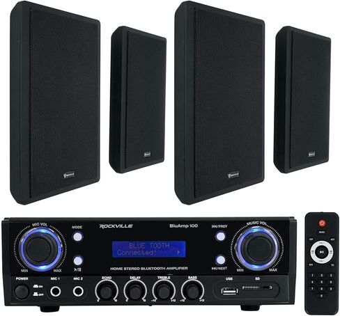 Rockville RockSlim Black Bundle: (4) 5.25 in 240W Peak Wall Mount Home Theater Speakers, BLUAMP 100 Bluetooth Amplifier, Mic Input, RCA Output, for Home Audio, Living Room, or TV Setup, 5 Items in Saudi Arabia