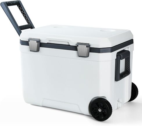 MandKreator 47.5QT Portable Wheeled Cooler with Drain Outlet, Handle, Ultra-Light Ice Chest with Cup Holders, Drink Cooler with Long Ice Retention for Camping, Beach, Party, Picnic, Tailgate in Saudi Arabia