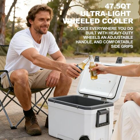 MandKreator 47.5QT Portable Wheeled Cooler with Drain Outlet, Handle, Ultra-Light Ice Chest with Cup Holders, Drink Cooler with Long Ice Retention for Camping, Beach, Party, Picnic, Tailgate in Saudi Arabia