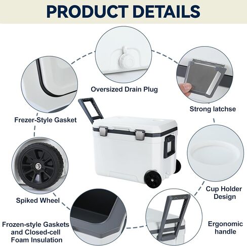 MandKreator 47.5QT Portable Wheeled Cooler with Drain Outlet, Handle, Ultra-Light Ice Chest with Cup Holders, Drink Cooler with Long Ice Retention for Camping, Beach, Party, Picnic, Tailgate in Saudi Arabia