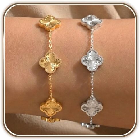 18k Gold Plated Classic Black and White Clover Bracelets, Set of 2, Classic Dainty Four-Leaf Clover Lucky Charm Bracelets, Trendy Jewelry Gifts in Saudi Arabia