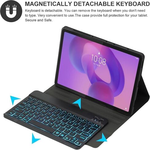 حافظة لوحة مفاتيح لجهاز Lenovo Idea Tab مقاس 11 بوصة موديلات 2025 (TB-336ZU/TB-336FU) وماوس، لوحة مفاتيح بلوتوث مغناطيسية قابلة للفصل بـ 7 ألوان، غطاء فوليو رفيع للغاية متعدد الزوايا، أسود in Kuwait