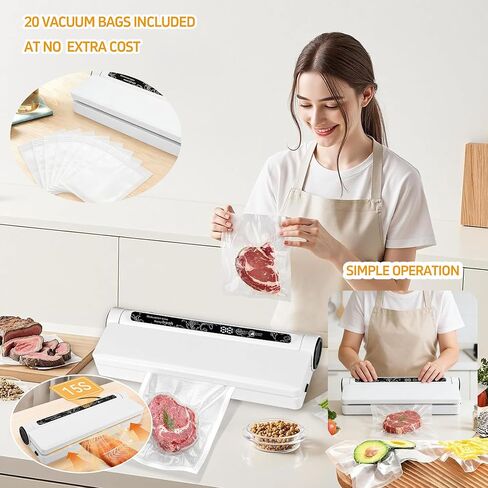 Food Saver Vacuum Sealer Machine - 75KPA Powerful Vacuum Sealer for Food with 20 Bags, Compact Food Vacuum Sealer Machine w/Digital Timer, Easy to Use for Home Kitchen in Saudi Arabia