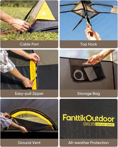 FanttikOutdoor Zeta C2/3/4 Camping Tent, 2/3/4 Person Instant Dome Tent, Easy Setup in 60s, Portable Waterproof Cabin Tent with Pre-Attached Poles & Air Vent, Ideal for Camping, Hiking, Backyard in Kuwait
