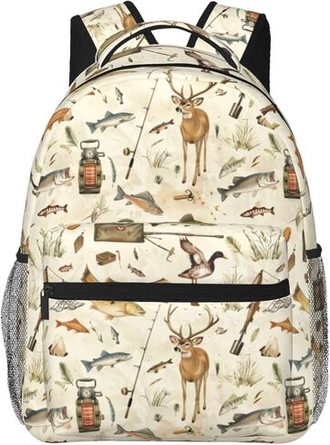 Outdoor Adventure Casual Backpack, Lightweight Laptop Bag Daypack, Deer Fish and Gear Backpacks for Women Men Teens Students, Hunting Polyester Bookbag Gifts for School Work Travel Hiking in Kuwait