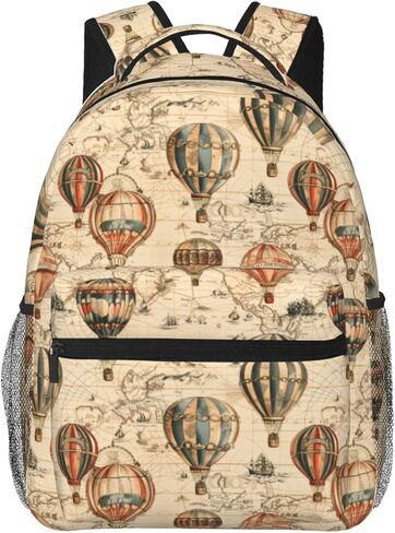 Vintage Hot Air Balloon Casual Backpack, Lightweight Laptop Bag Daypack, World Map Backpacks for Women Men Teens Students, Travel Polyester Bookbag Gifts for School Work Travel Hiking in Kuwait