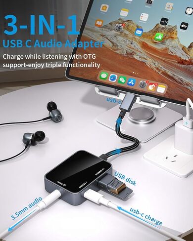 USB C to 3.5mm Audio Adapter 3-in-1 USB-C Headphone Adapter with USB OTG Data Port & 60W PD Charging, Type-C Aux to 3.5mm Converter Compatible with iPhone 17/16/15, Samsung Galaxy, Pixel, iPad in Saudi Arabia