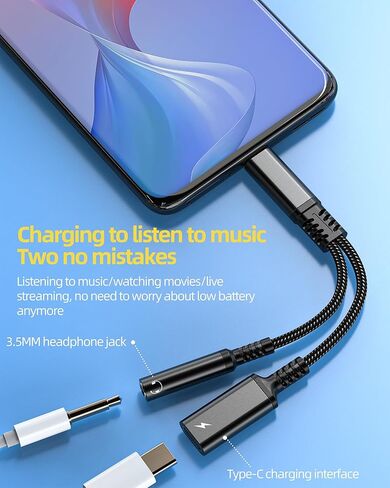 USB-C إلى 3.5 ملم محول صوت شاحن دونجل سلك 2 في 1 DAC نوع C Aux كابل مقسم لهاتف iPhone15 Pro Max iPad Pro متوافق مع Samsung Galaxy S20 S21 S22 Ultra Note10 S9 ملحقات مقبس سماعة الرأس in Kuwait