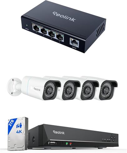 REOLINK 4K PoE Security Camera System with 4pcs 8MP PoE Cameras, 8CH NVR with 2TB HDD for 24/7 Recording, H.265 Video, Person/Vehicle/Animal Detection, Plus 4+1-Port PoE Switch in Saudi Arabia