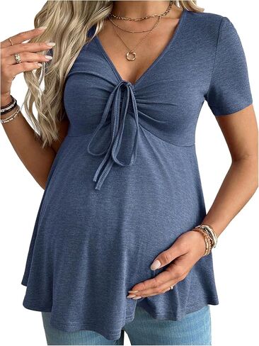 SweatyRocks Women's Maternity Clothes Short Sleeve Ruched Front Tie Ruffle Maternity Shirt in Saudi Arabia
