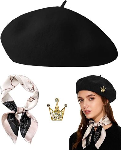 Wool Beret Hats,Solid Color French Women Winter Beanie Cap with Silky Scarf in Saudi Arabia