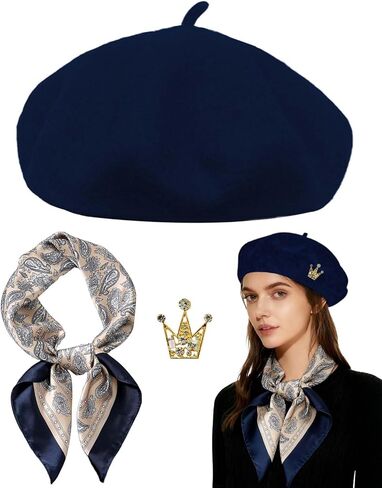 Wool Beret Hats,Solid Color French Women Winter Beanie Cap with Silky Scarf in Saudi Arabia