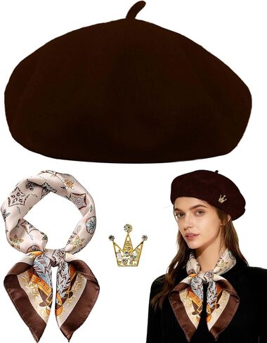 Wool Beret Hats,Solid Color French Women Winter Beanie Cap with Silky Scarf in Saudi Arabia