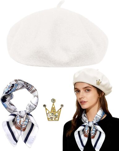 Wool Beret Hats,Solid Color French Women Winter Beanie Cap with Silky Scarf in Saudi Arabia