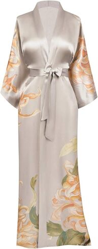 100% Mulberry Washable Silk Kimono Robe Long - Luxury Kimono Robe for Women - Floral Print - Lotus - Nightshadow - Original Design in Saudi Arabia