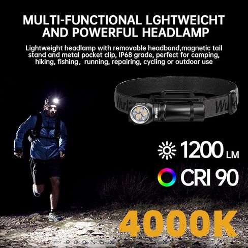 مصباح يدوي Wurkkos قابل لإعادة الشحن بقوة 1200 لومن مع مغناطيس - مصباح يدوي بزاوية يمنى HD10 مع Anduril 2.0 RGB UI، ضوء فلاش جيب IP68 لاستخدام المصابيح الأمامية، العمل، المشي لمسافات طويلة، التسلق - 4000K in Kuwait