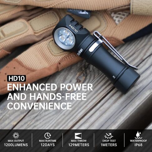 مصباح يدوي Wurkkos قابل لإعادة الشحن بقوة 1200 لومن مع مغناطيس - مصباح يدوي بزاوية يمنى HD10 مع Anduril 2.0 RGB UI، ضوء فلاش جيب IP68 لاستخدام المصابيح الأمامية، العمل، المشي لمسافات طويلة، التسلق - 4000K in Kuwait