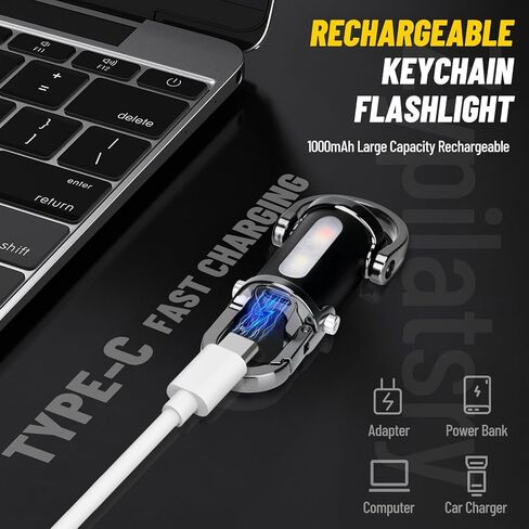 1200LM مصباح يدوي LED صغير فائق السطوع USB قابل لإعادة الشحن صغير مقاوم للماء سلسلة مفاتيح إنقاذ، للتخييم - أسود in Kuwait