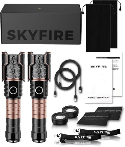 SKYFIRE Rechargeable Flashlights with Ignition Lens: 2 Pack High Lumens Tactical Flashlight LED Zoomable with 6 Modes IPX6 Handheld Powerful Flash Light for Hunting, Storm preparedness,Home&Gifts in Saudi Arabia