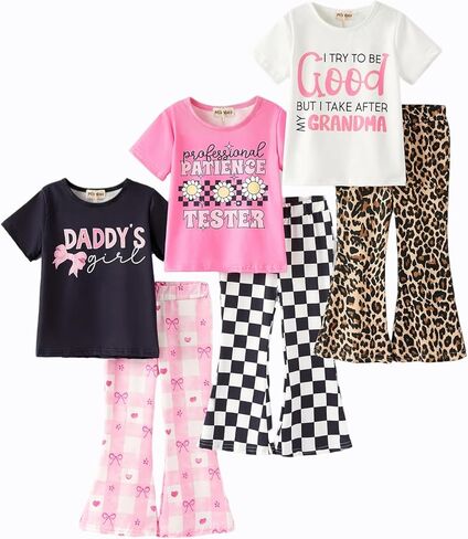Girls Flare Pants Sets, Toddler & Big Kids 2-Piece Graphic Tee and Bell Pants Clothing Set Stretchy Outfits 3-Pack in Kuwait