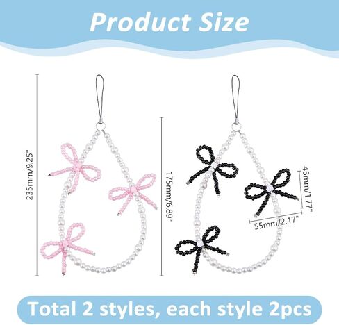 4Pcs Elegant Beaded Pearl Phone Charms Strap 2 Colors Bow Aesthetic Keychain Universal Cell Phone Beaded Lanyard Wrist Strap for Bag Camera Pendants Decor Pink and Black in Saudi Arabia