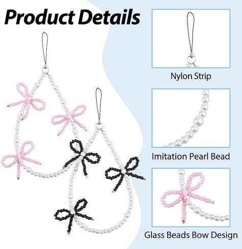 4Pcs Elegant Beaded Pearl Phone Charms Strap 2 Colors Bow Aesthetic Keychain Universal Cell Phone Beaded Lanyard Wrist Strap for Bag Camera Pendants Decor Pink and Black in Saudi Arabia